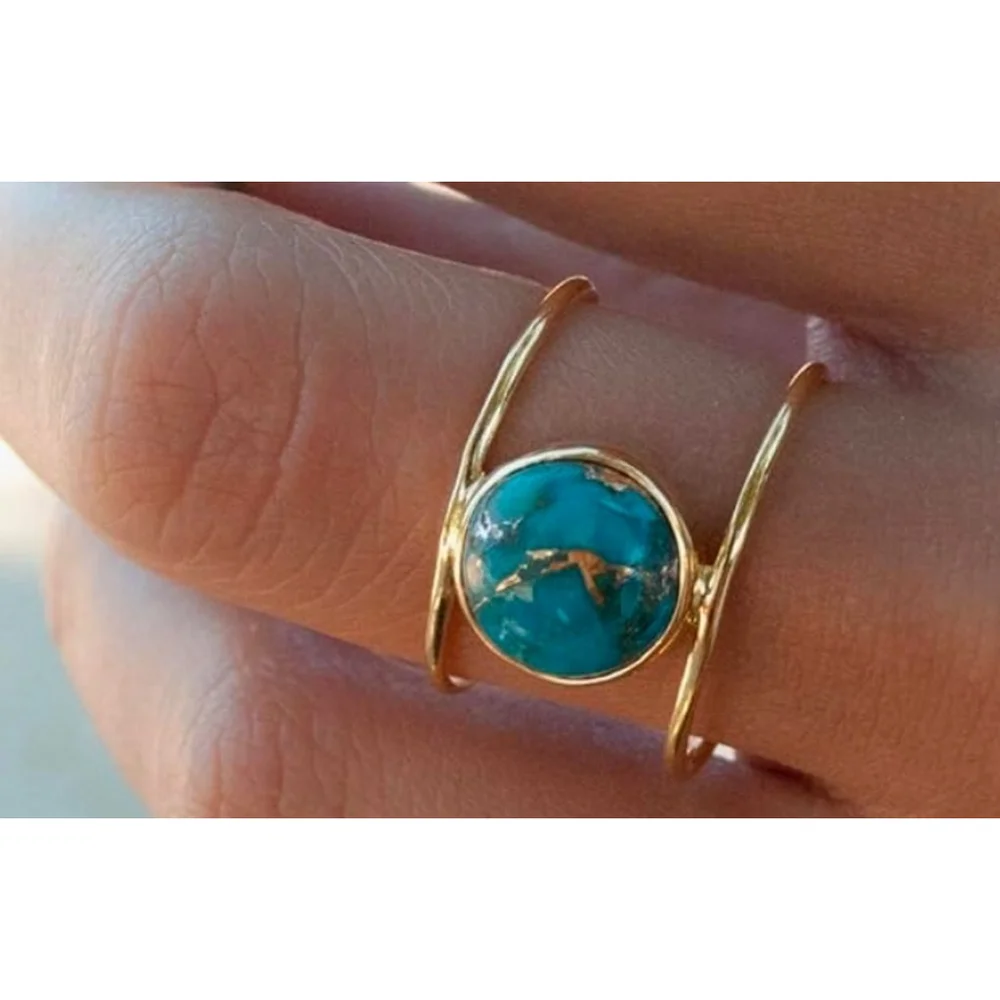 Large Turquoise Gold Filled Band, Bar‎ Ring, Size 8